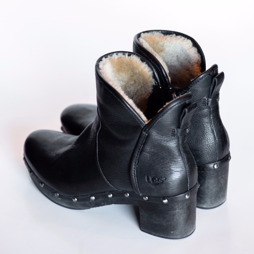 Ugg Black Booties, stacked heel, shearling lined